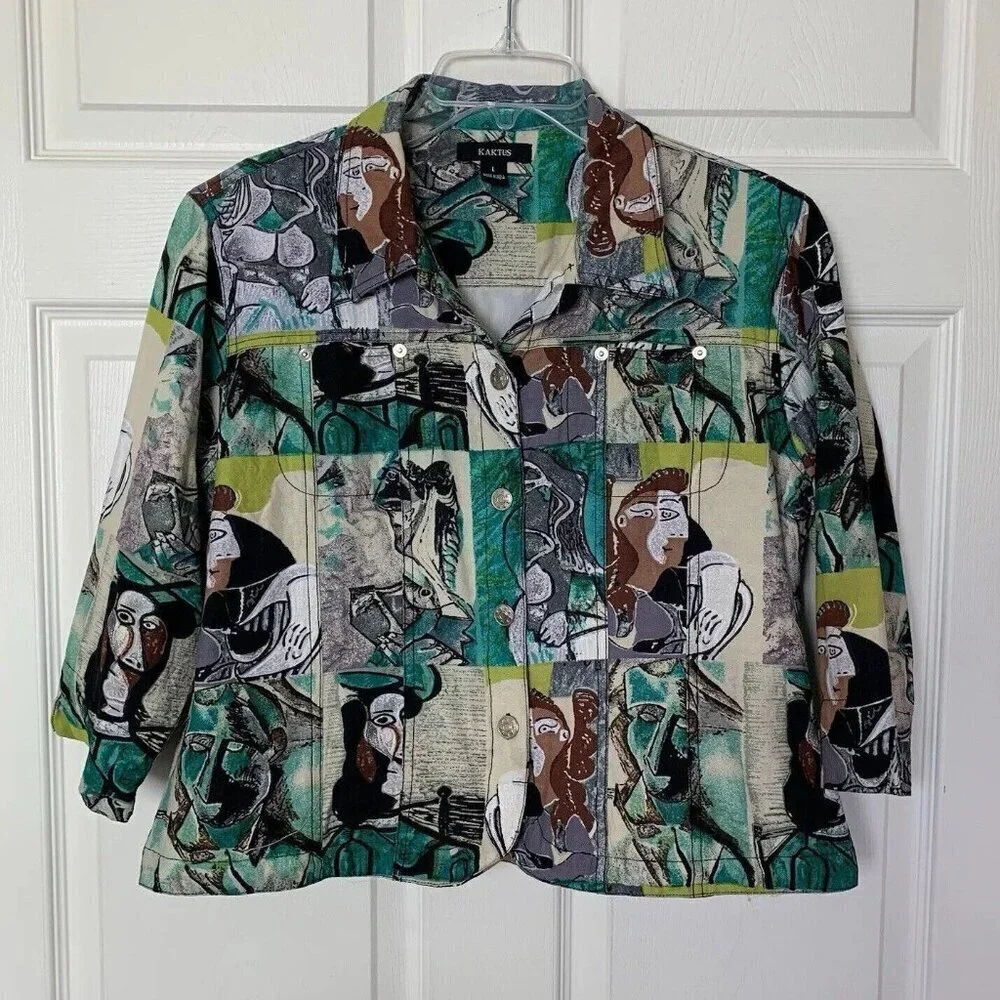 Kaktus Picasso Modernist Jacket Blazer 3/4 Sleeve Linen Women’s Large Lined